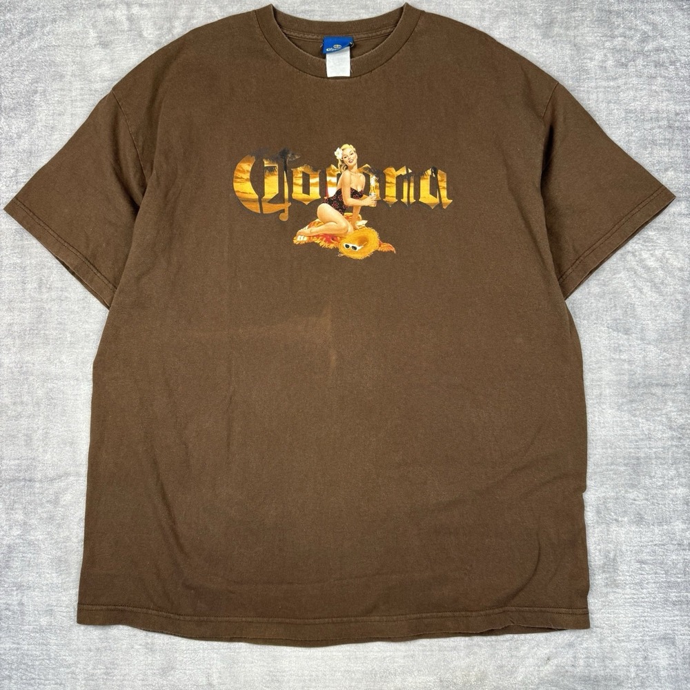 Vintage Corona Extra Shirt Mens Large Brown Y2K Pinup Girl Beer Beach Spell Out